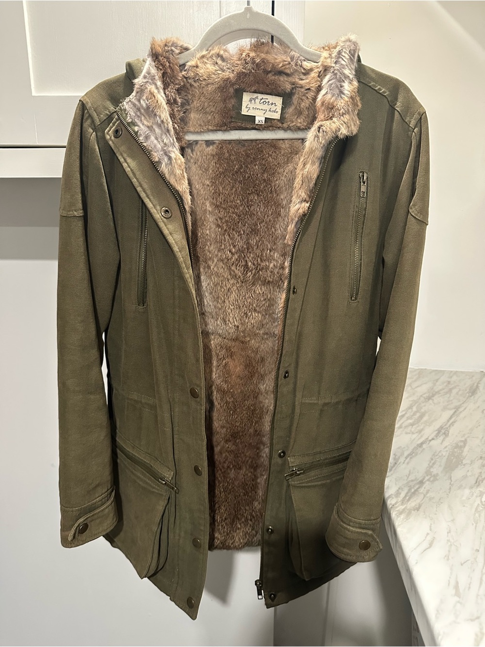 Torn by Ronny Kobo Olive Green Faux-Fur Lined Trench Coat